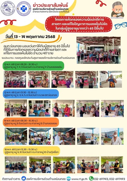 อบต.ร่อนทอง มอบแว่นตาให้กับผู้สูงอายุที่ได้รับการ #คัดกรองความผิดปกติทางสายตา ภายใต้โครงการคัดกรองความผิดปกติทางสายตา และ #แก้ไขปัญหาการมองเห็นไม่ชัด ในกลุ่มผู้สูงอายุมากกว่า 65 ปีขึ้นไป ปีงบประมาณ 2568
